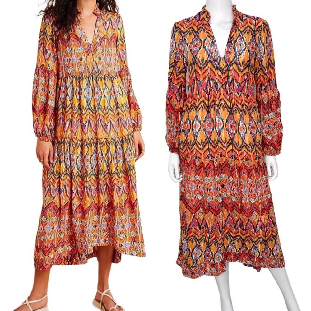 Anthropologie Maeve Tamarind Tiered Maxi Dress in Ikat Multicolor Print Size SP